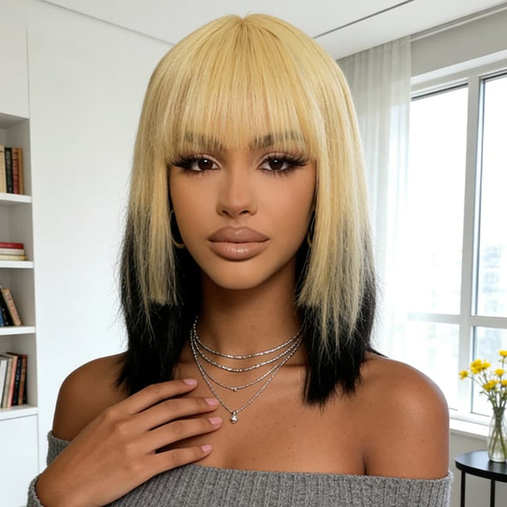 SZC 12 inch Short Ombre Blonde Black Layered Face-Framing Pieces Hime Cut Blunt Bob Wig with Bangs