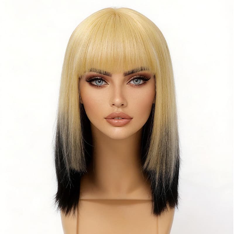 SZC 12 inch Short Ombre Blonde Black Layered Face-Framing Pieces Hime Cut Blunt Bob Wig with Bangs