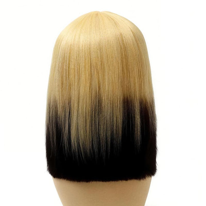 SZC 12 inch Short Ombre Blonde Black Layered Face-Framing Pieces Hime Cut Blunt Bob Wig with Bangs