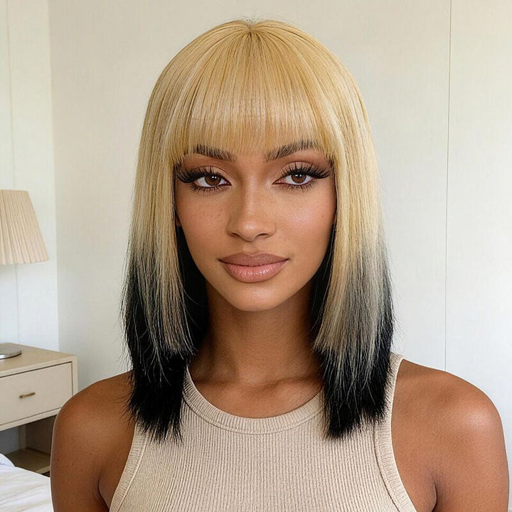 SZC 12 inch Short Ombre Blonde Black Layered Face-Framing Pieces Hime Cut Blunt Bob Wig with Bangs