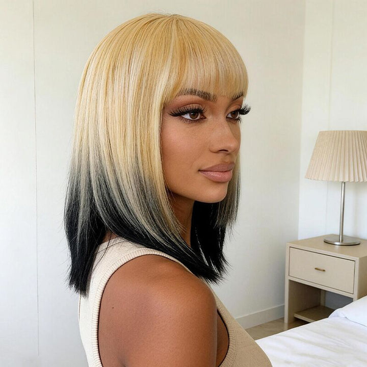 SZC 12 inch Short Ombre Blonde Black Layered Face-Framing Pieces Hime Cut Blunt Bob Wig with Bangs