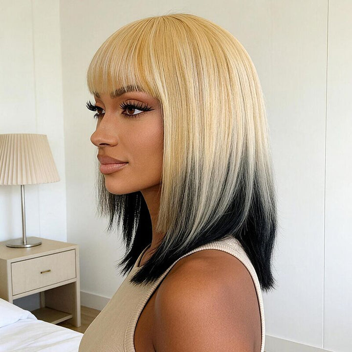 SZC 12 inch Short Ombre Blonde Black Layered Face-Framing Pieces Hime Cut Blunt Bob Wig with Bangs
