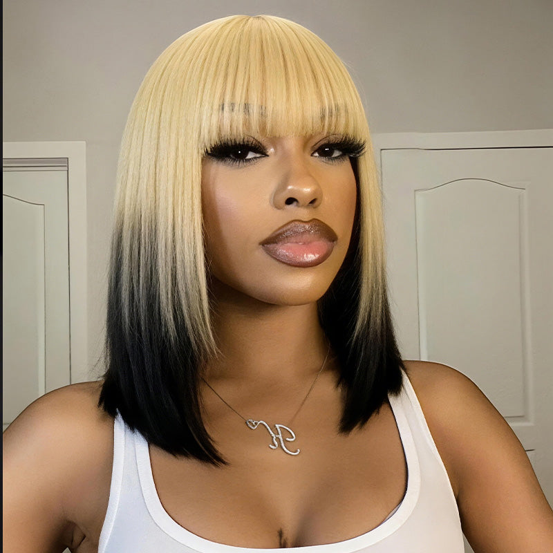 SZC 12 inch Short Ombre Blonde Black Layered Face-Framing Pieces Hime Cut Blunt Bob Wig with Bangs