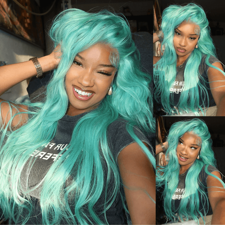SZC 200 Density Pastel Green Color 13x4 Lace Front Virgin Human Hair Wigs