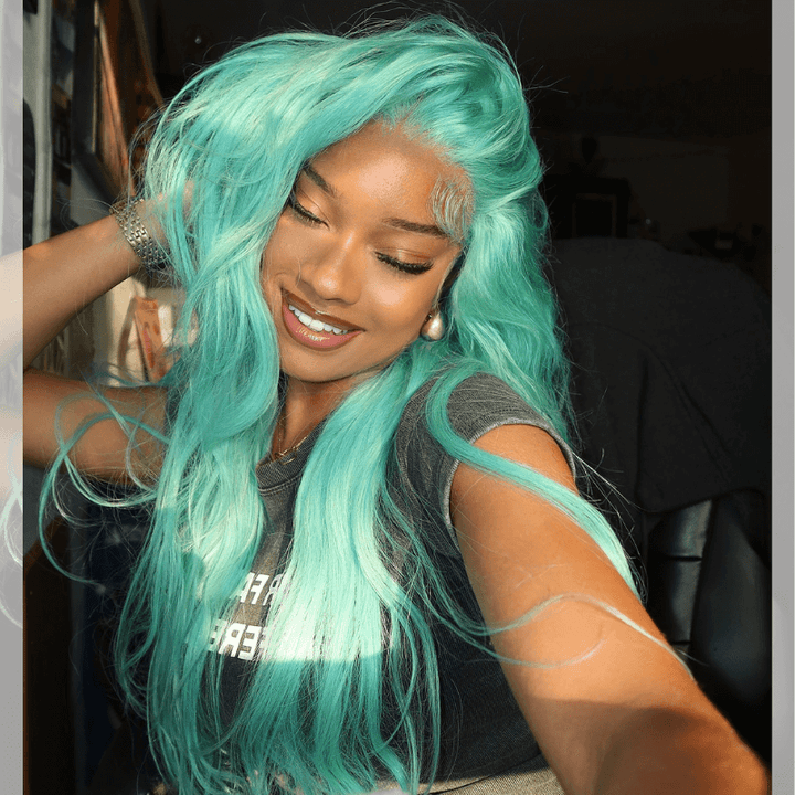 SZC 200 Density Pastel Green Color 13x4 Lace Front Virgin Human Hair Wigs