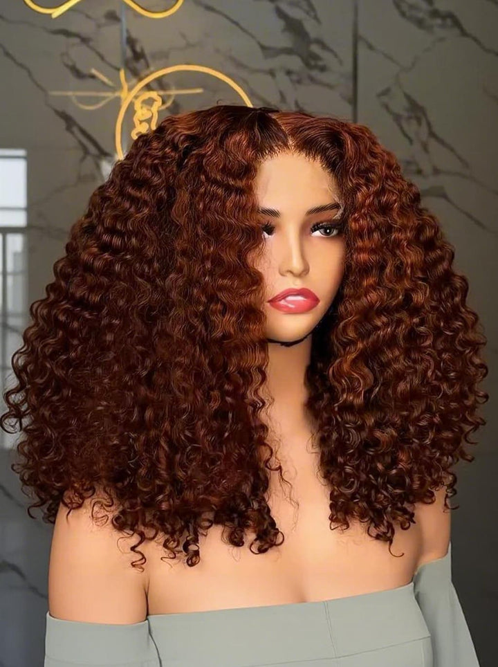SZC 250 300 Density Copper Auburn Brown Deep Curly Bob 13x4 Lace Front Human Hair Wig