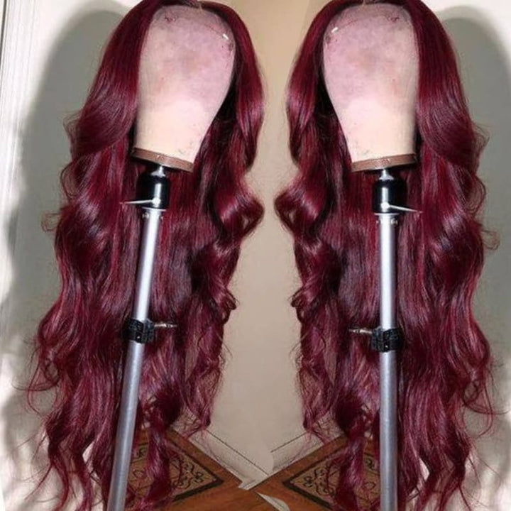SZC 250 300 Density Dark Cherry Burgundy Red Wavy 13x4 Lace Front Virgin Human Hair Wig