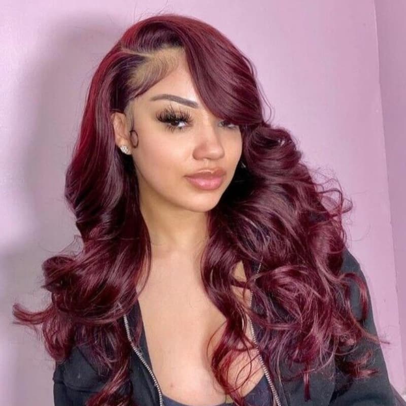SZC 250 300 Density Dark Cherry Burgundy Red Wavy 13x4 Lace Front Virgin Human Hair Wig