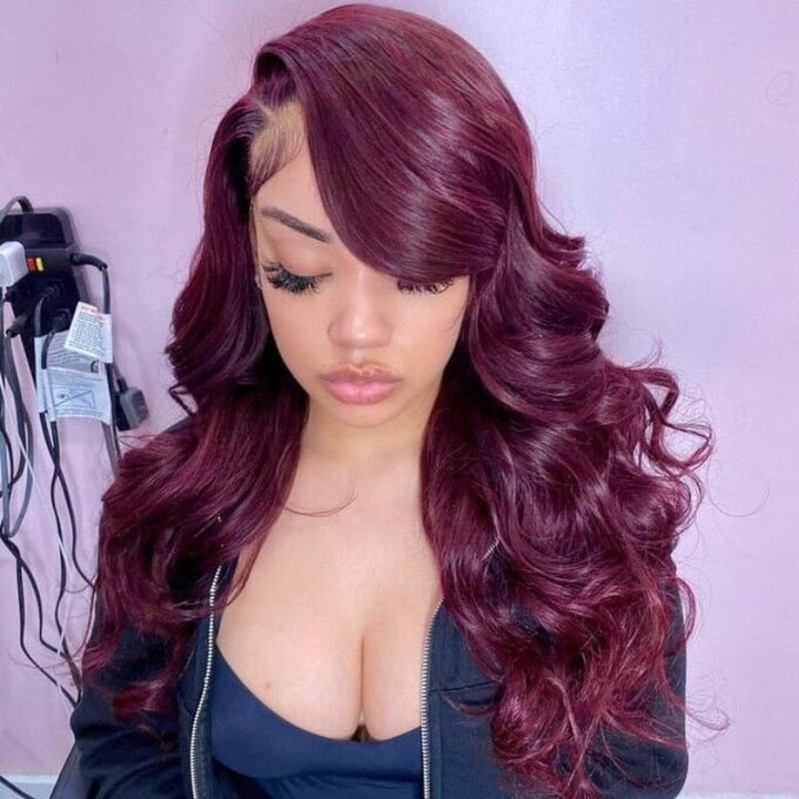SZC 250 300 Density Dark Cherry Burgundy Red Wavy 13x4 Lace Front Virgin Human Hair Wig