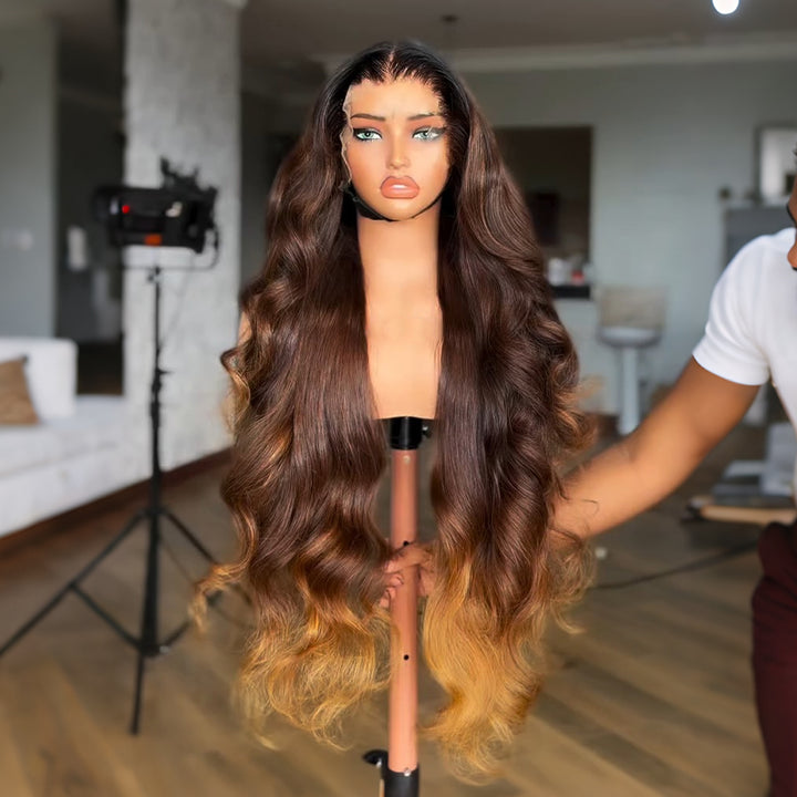 SZC 250 300 Density Ombre Chocolate Brown Honey Blonde 13x4 Lace Front Human Hair Wigs