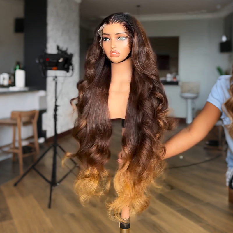 SZC 250 300 Density Ombre Chocolate Brown Honey Blonde 13x4 Lace Front Human Hair Wigs