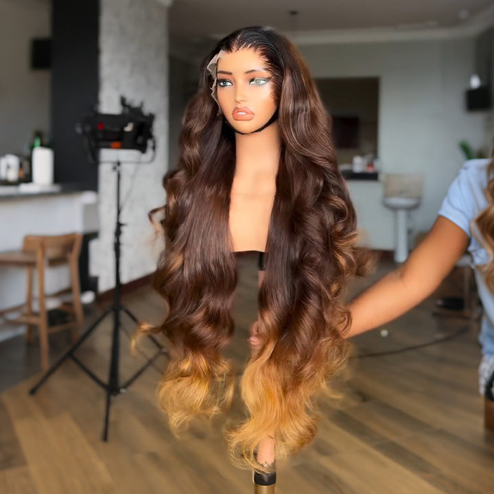 SZC 250 300 Density Ombre Chocolate Brown Honey Blonde 13x4 Lace Front Human Hair Wigs