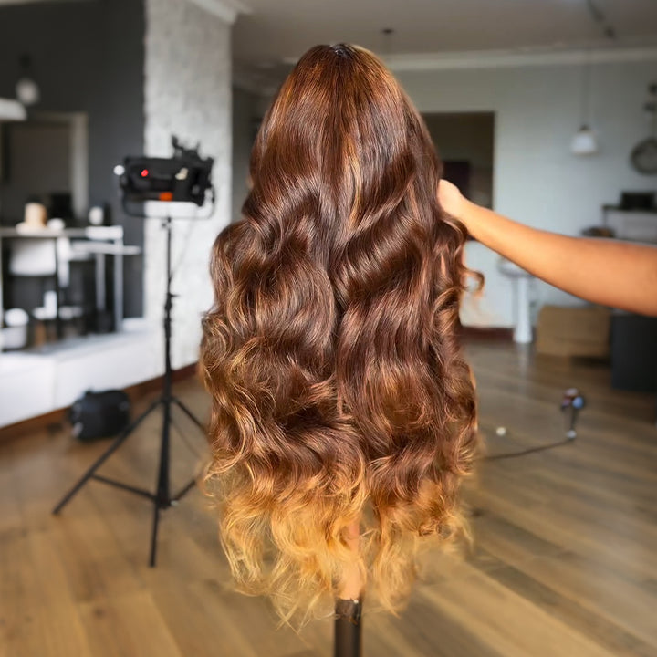 SZC 250 300 Density Ombre Chocolate Brown Honey Blonde 13x4 Lace Front Human Hair Wigs