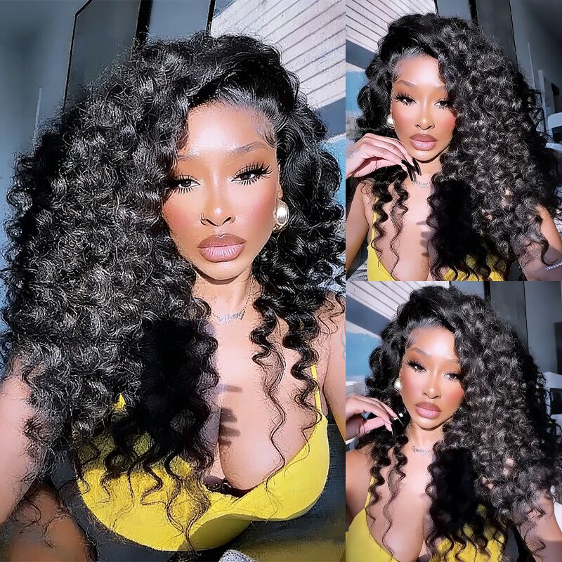 SZC 250 300 Density Tight Spiral Loose Deep Wave Curls 13X4 Lace Front Human Hair Wigs