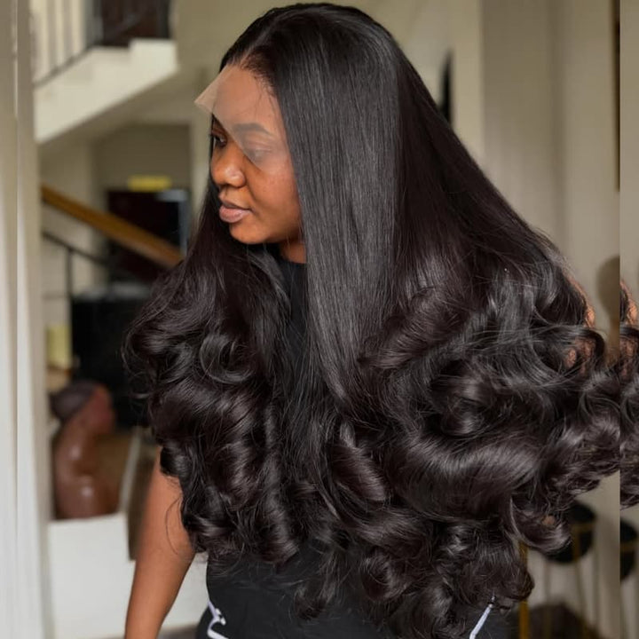 SZC 300 400 Density Straight Hair With Loose Wavy Curls Ends 13x4 Lace Front Human Hair Wig