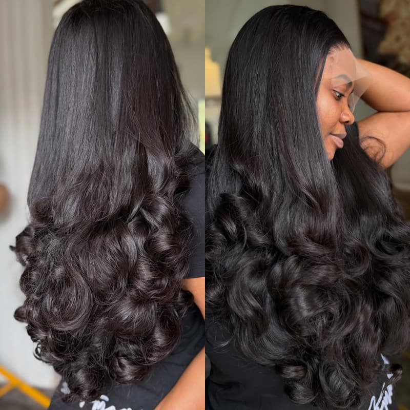 SZC 300 400 Density Straight Hair With Loose Wavy Curls Ends 13x4 Lace Front Human Hair Wig