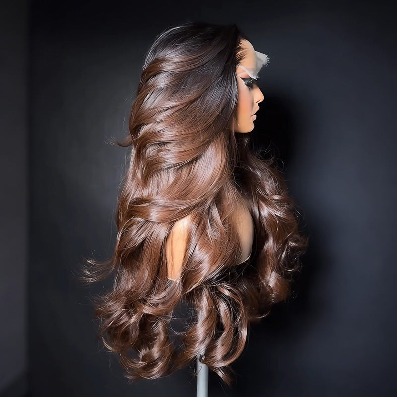 SZC 300 Density Natural Black Roots Soft Chocolate Brown Ombre 13x4 Lace Front Human Hair Wig