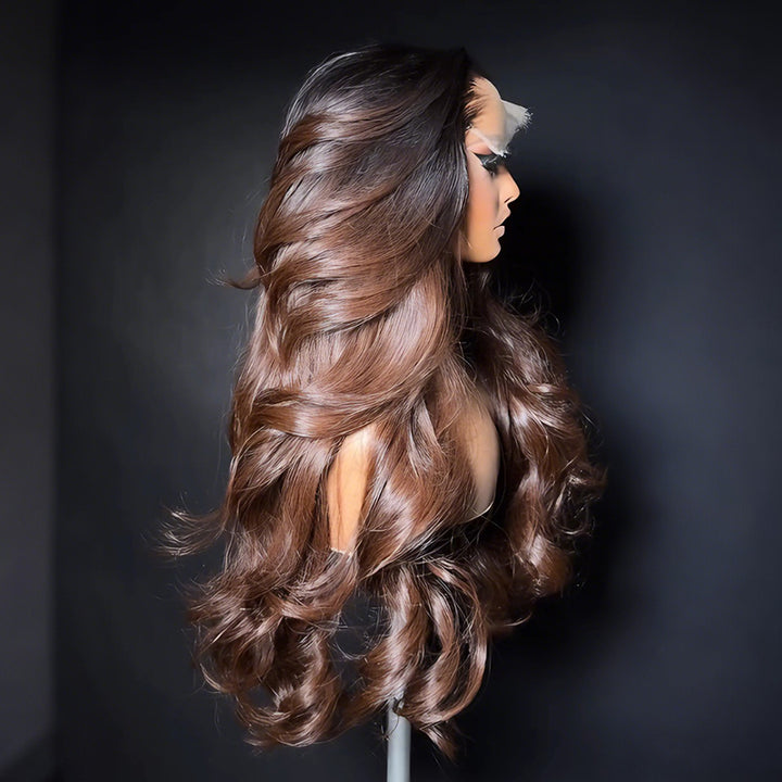 SZC 300 Density Natural Black Roots Soft Chocolate Brown Ombre 13x4 Lace Front Human Hair Wig