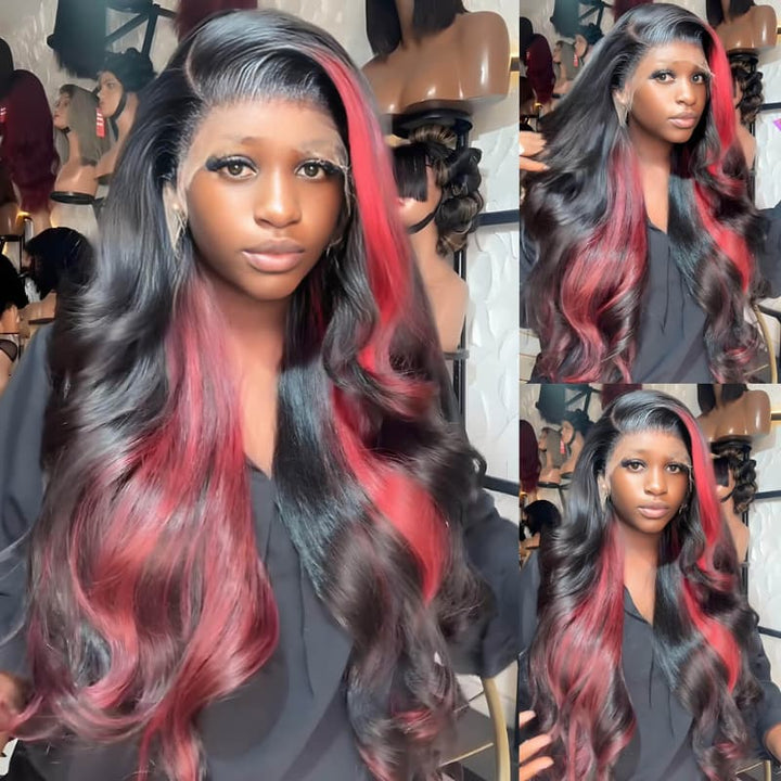 SZC 30 32 34 36 38 40 inch Red Brown Honey Blonde Highlights 13x4 Lace Front Human Hair Wigs