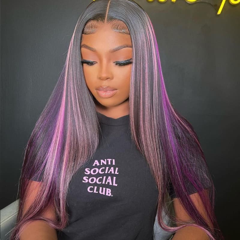 SZC 32 34 inch Black With Purple Bone Straight Highlights 13x4 Lace Front Human Hair Wigs 200 Density