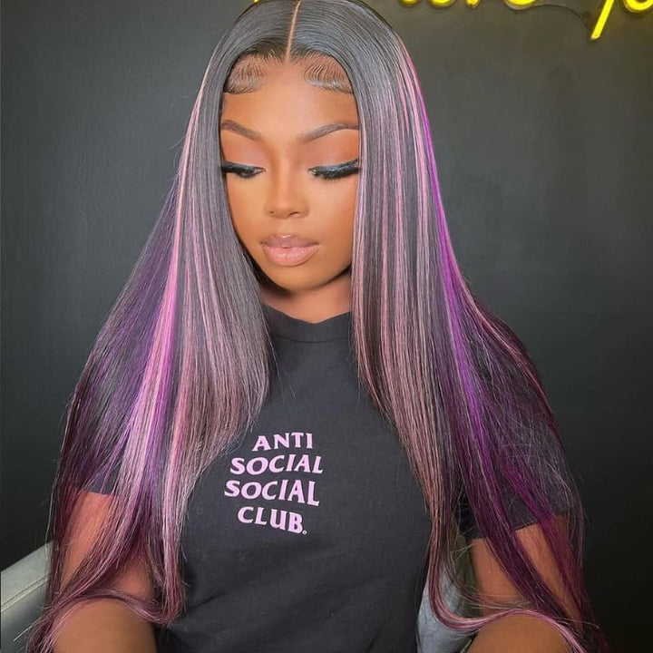 SZC 32 34 inch Black With Purple Bone Straight Highlights 13x4 Lace Front Human Hair Wigs 200 Density