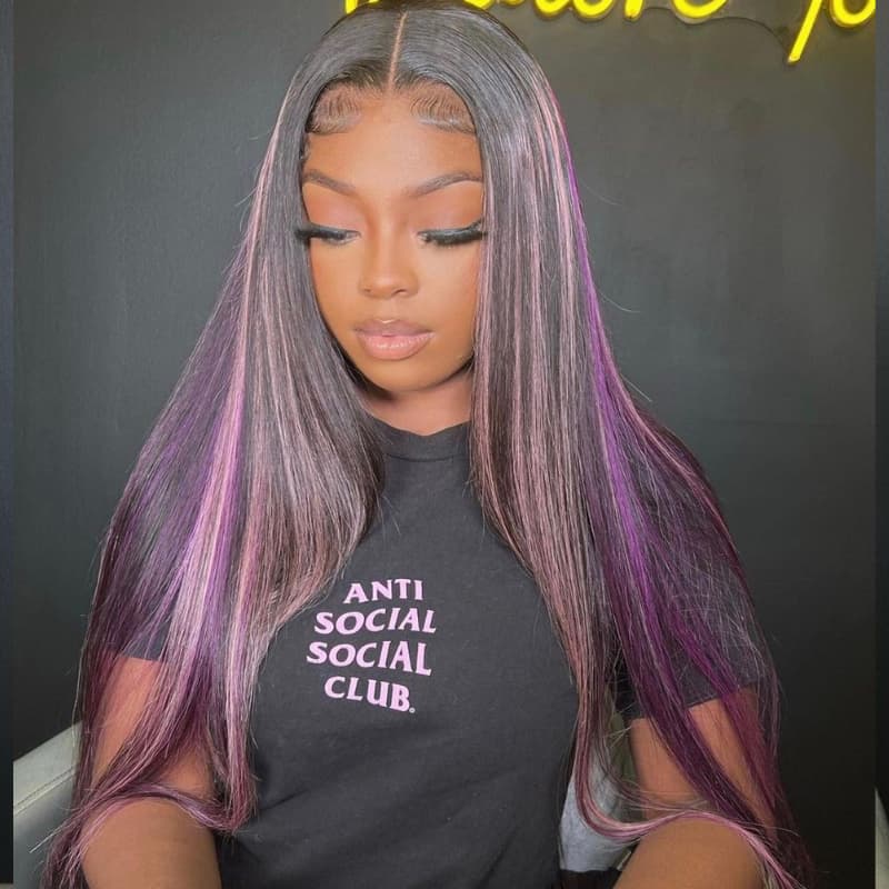 SZC 32 34 inch Black With Purple Bone Straight Highlights 13x4 Lace Front Human Hair Wigs 200 Density