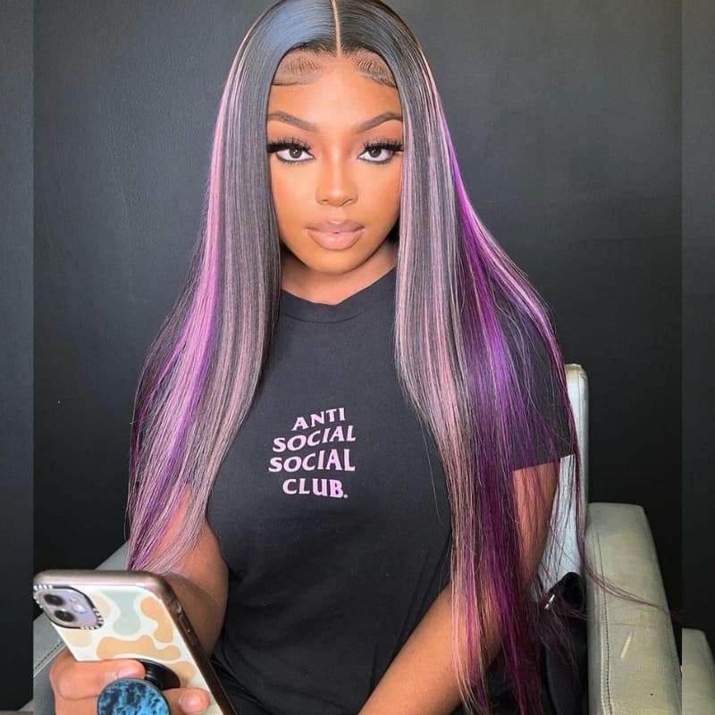SZC 32 34 inch Black With Purple Bone Straight Highlights 13x4 Lace Front Human Hair Wigs 200 Density