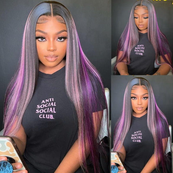 SZC 32 34 inch Black With Purple Bone Straight Highlights 13x4 Lace Front Human Hair Wigs 200 Density