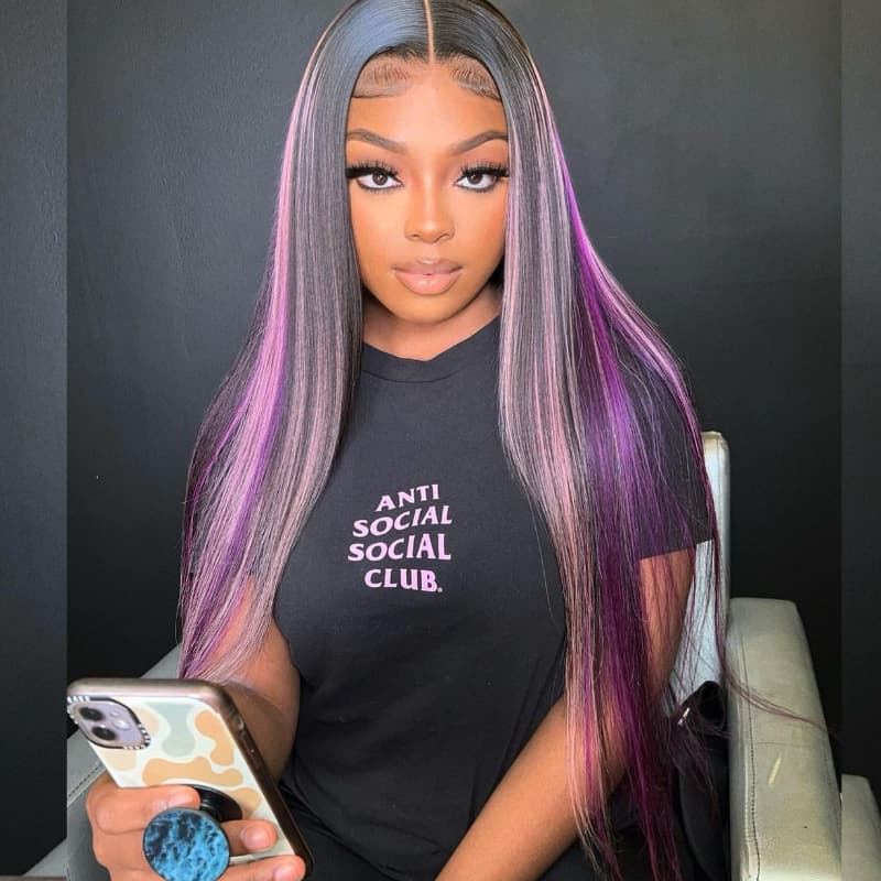 SZC 32 34 inch Black With Purple Bone Straight Highlights 13x4 Lace Front Human Hair Wigs 200 Density