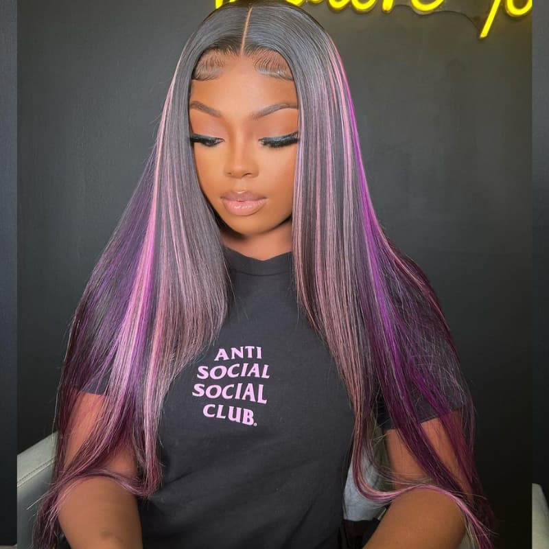 SZC 32 34 inch Black With Purple Bone Straight Highlights 13x4 Lace Front Human Hair Wigs 200 Density