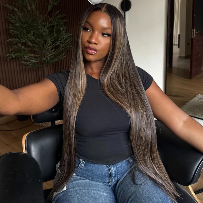 SZC 42 40 38 36 34 32 30 inch Balayage Black Brown Highlights 13x4 Lace Front Human Hair Wigs