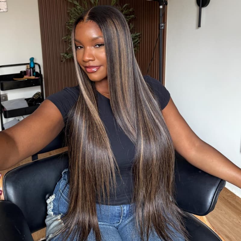 SZC 42 40 38 36 34 32 30 inch Balayage Black Brown Highlights 13x4 Lace Front Human Hair Wigs