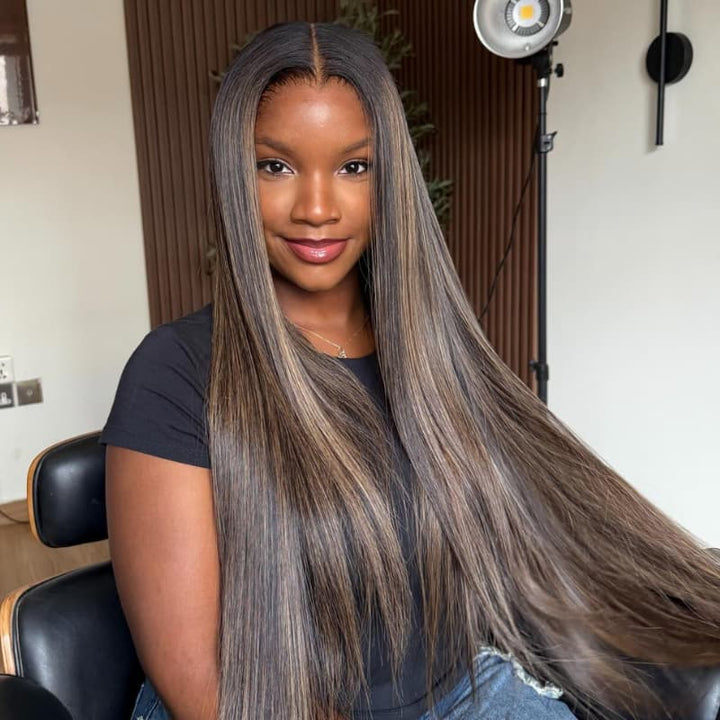 SZC 42 40 38 36 34 32 30 inch Balayage Black Brown Highlights 13x4 Lace Front Human Hair Wigs