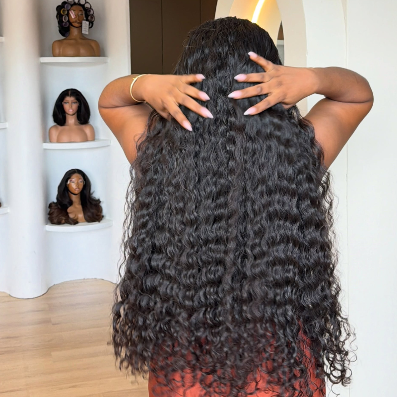 SZC 38 36 inch Long Knee Length Deep Wave 400 Density Full Thick 13x4 Lace Front Human Hair Wigs