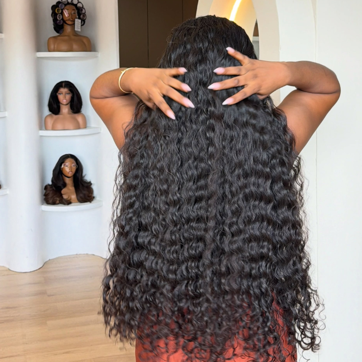 SZC 38 36 inch Long Knee Length Deep Wave 400 Density Full Thick 13x4 Lace Front Human Hair Wigs