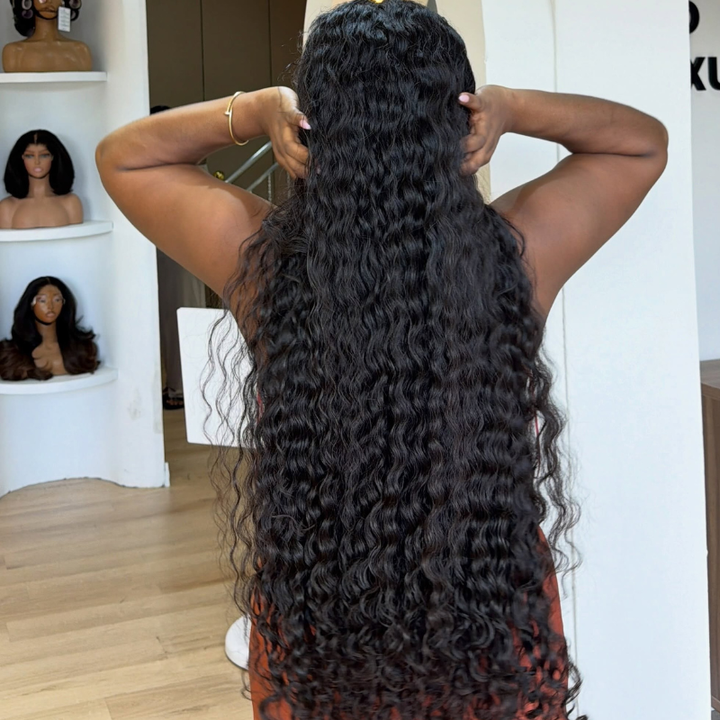 SZC 38 36 inch Long Knee Length Deep Wave 400 Density Full Thick 13x4 Lace Front Human Hair Wigs
