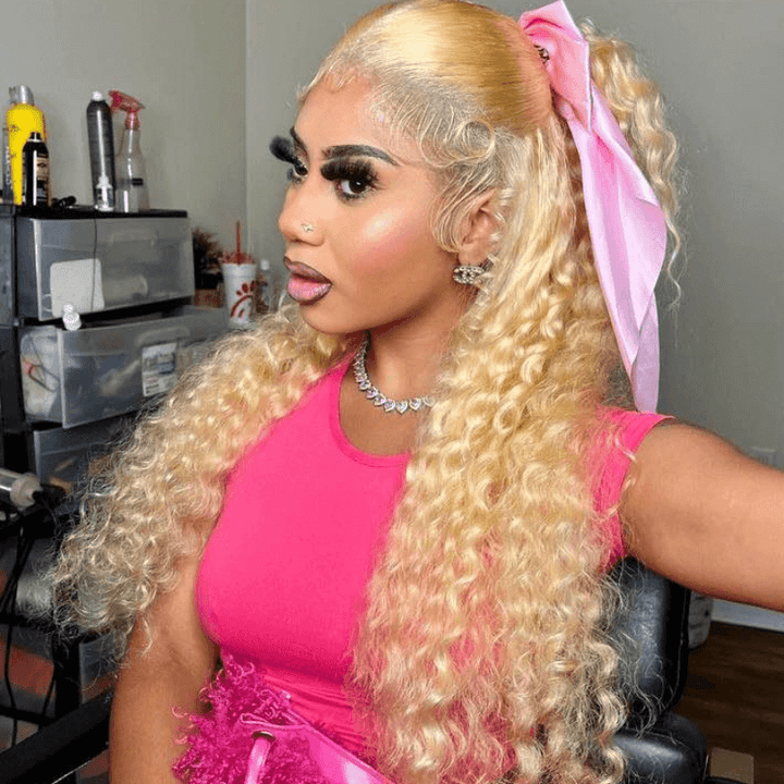 613 Blonde Deep Curly Wave 13x4 Lace Front Human Hair Wig 200 Density
