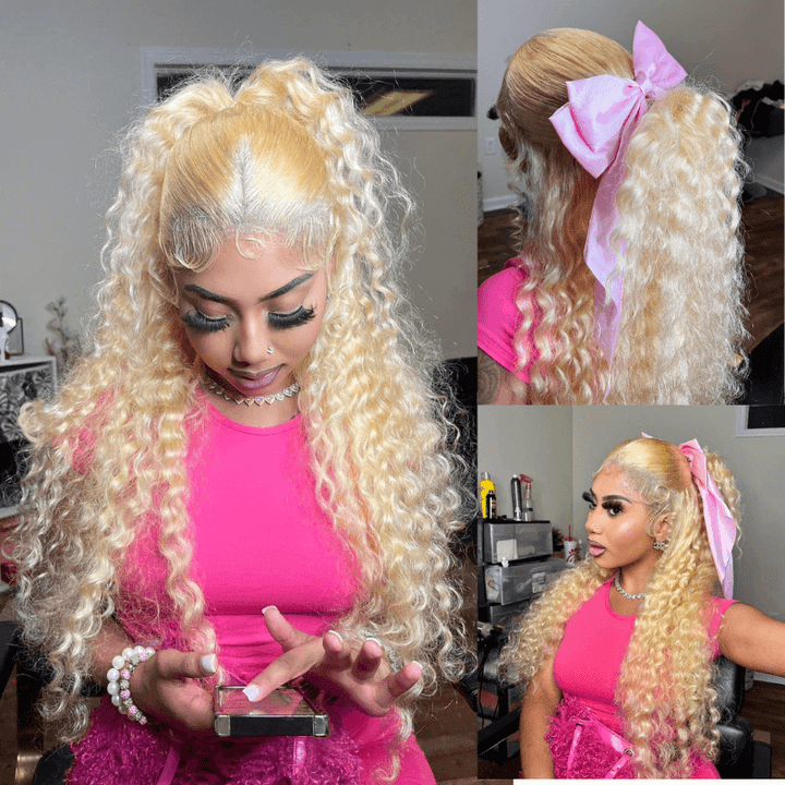 613 Blonde Deep Curly Wave 13x4 Lace Front Human Hair Wig 200 Density