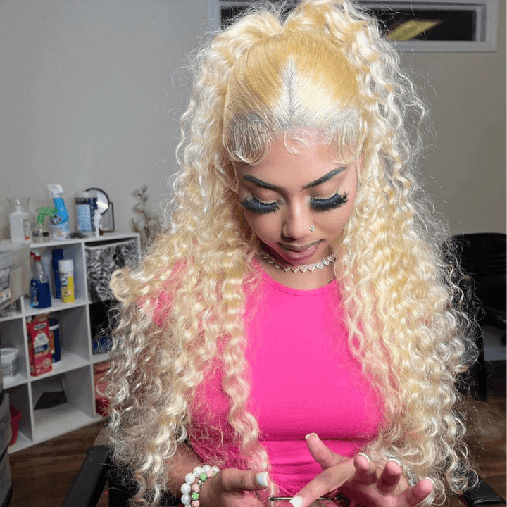 613 Blonde Deep Curly Wave 13x4 Lace Front Human Hair Wig 200 Density