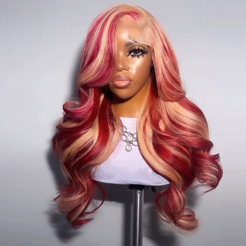 SZC 613 Blonde Burgundy Red Highlights 13x4 Lace Front Virgin Human Hair Wigs