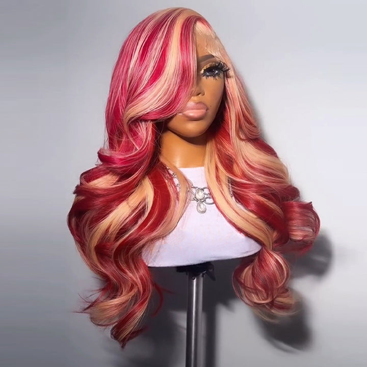 SZC 613 Blonde Burgundy Red Highlights 13x4 Lace Front Virgin Human Hair Wigs