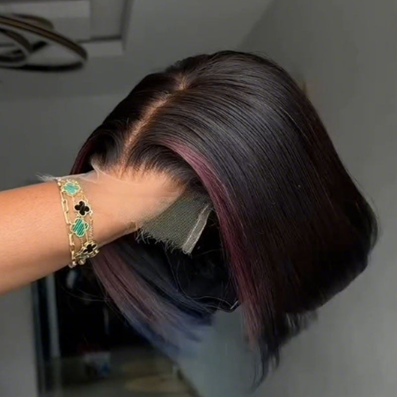 SZC Summer Short Bob Wig Airflow Breathability Open-wefted Cap Black with Plum Burgundy Purple Highlights