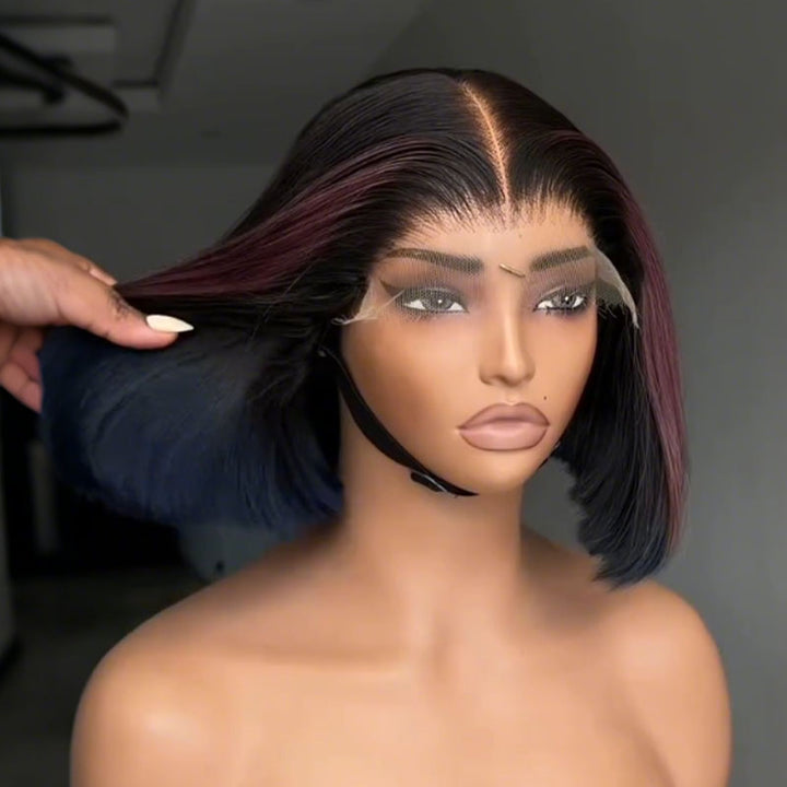 SZC Summer Short Bob Wig Airflow Breathability Open-wefted Cap Black with Plum Burgundy Purple Highlights