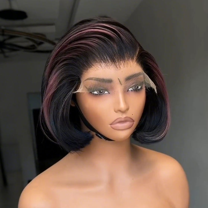 SZC Summer Short Bob Wig Airflow Breathability Open-wefted Cap Black with Plum Burgundy Purple Highlights