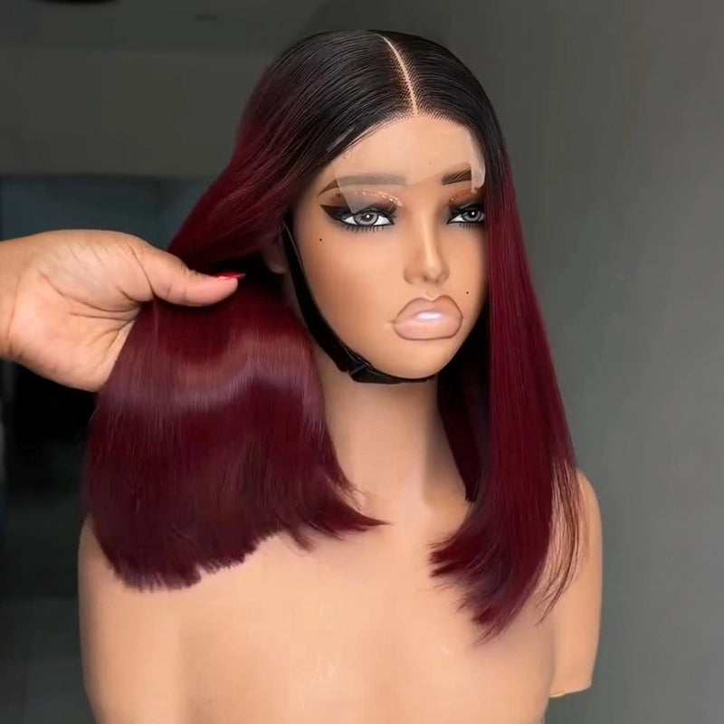 SZC 8 10 12 inch Short Bob Burgundy Red With Dark Roots 13X4 Lace Front Human Hair Wigs
