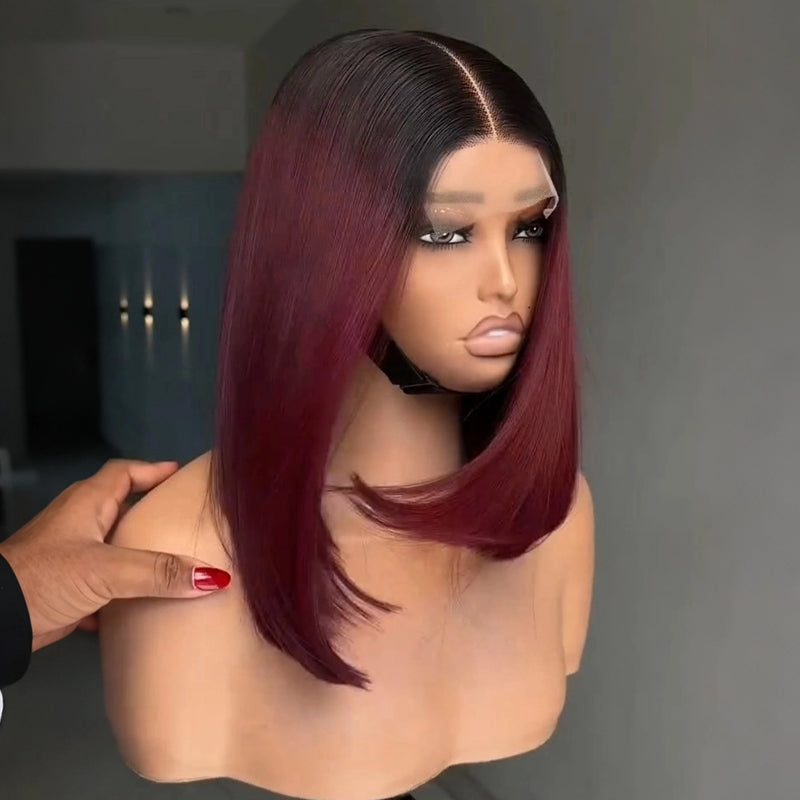 SZC 8 10 12 inch Short Bob Burgundy Red With Dark Roots 13X4 Lace Front Human Hair Wigs