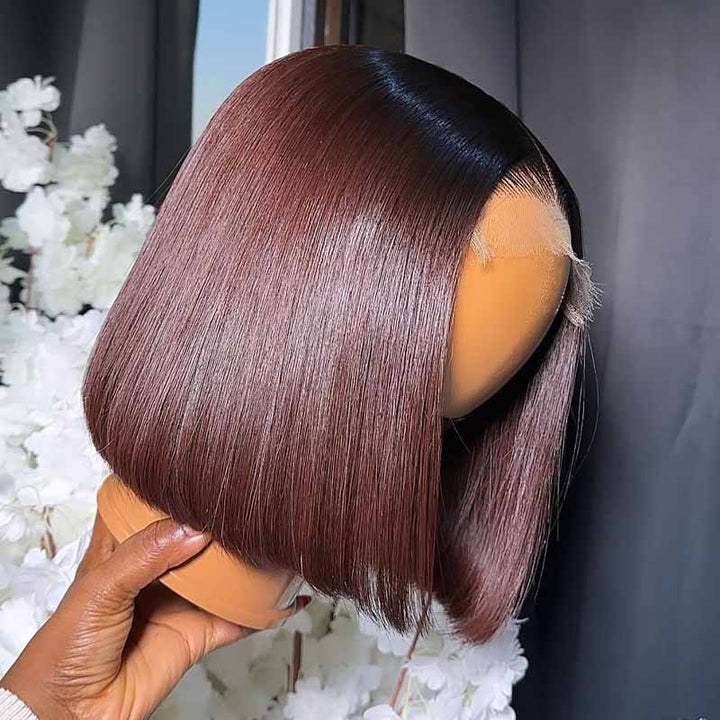 SZC 8 10 12inch Short Bob Chestnut Burgundy Red Chocolate Brown Elegant 13x4 Lace Frontal Human Hair Wigs