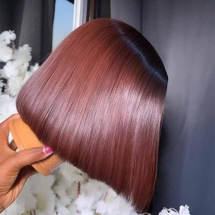 SZC 8 10 12inch Short Bob Chestnut Burgundy Red Chocolate Brown Elegant 13x4 Lace Frontal Human Hair Wigs