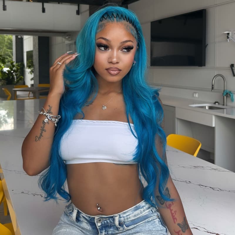 SZC Aqua Blue Color 13x4 Lace Front Human Hair Wig 200 Density