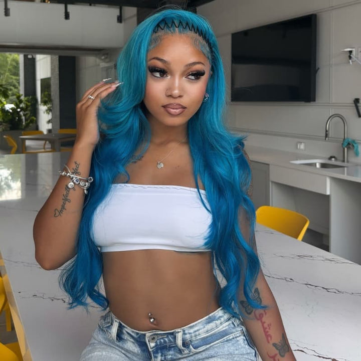 SZC Aqua Blue Color 13x4 Lace Front Human Hair Wig 200 Density